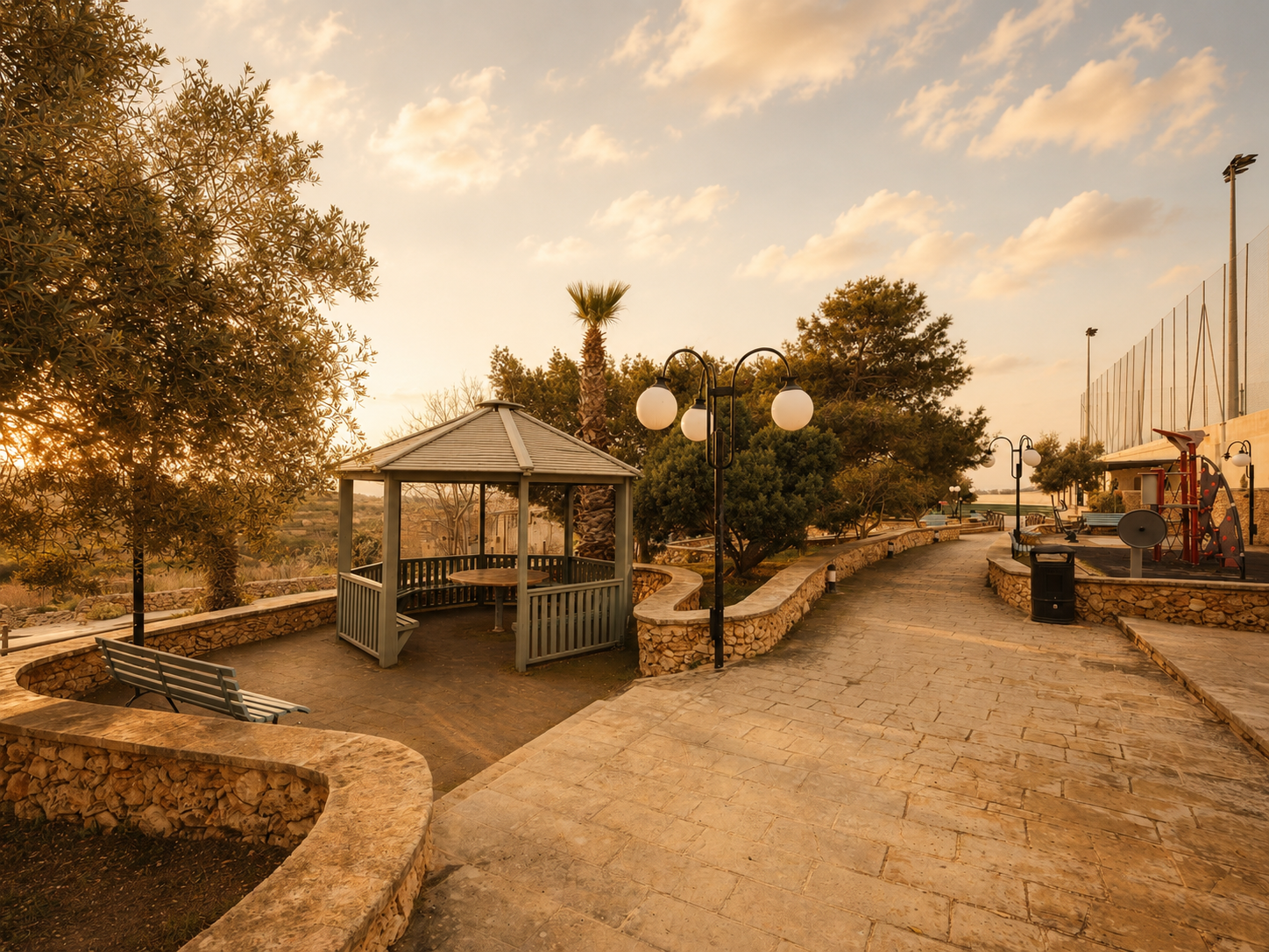 A warm sunset view of the Qala park gazebo and stone walkways near Fumiglia