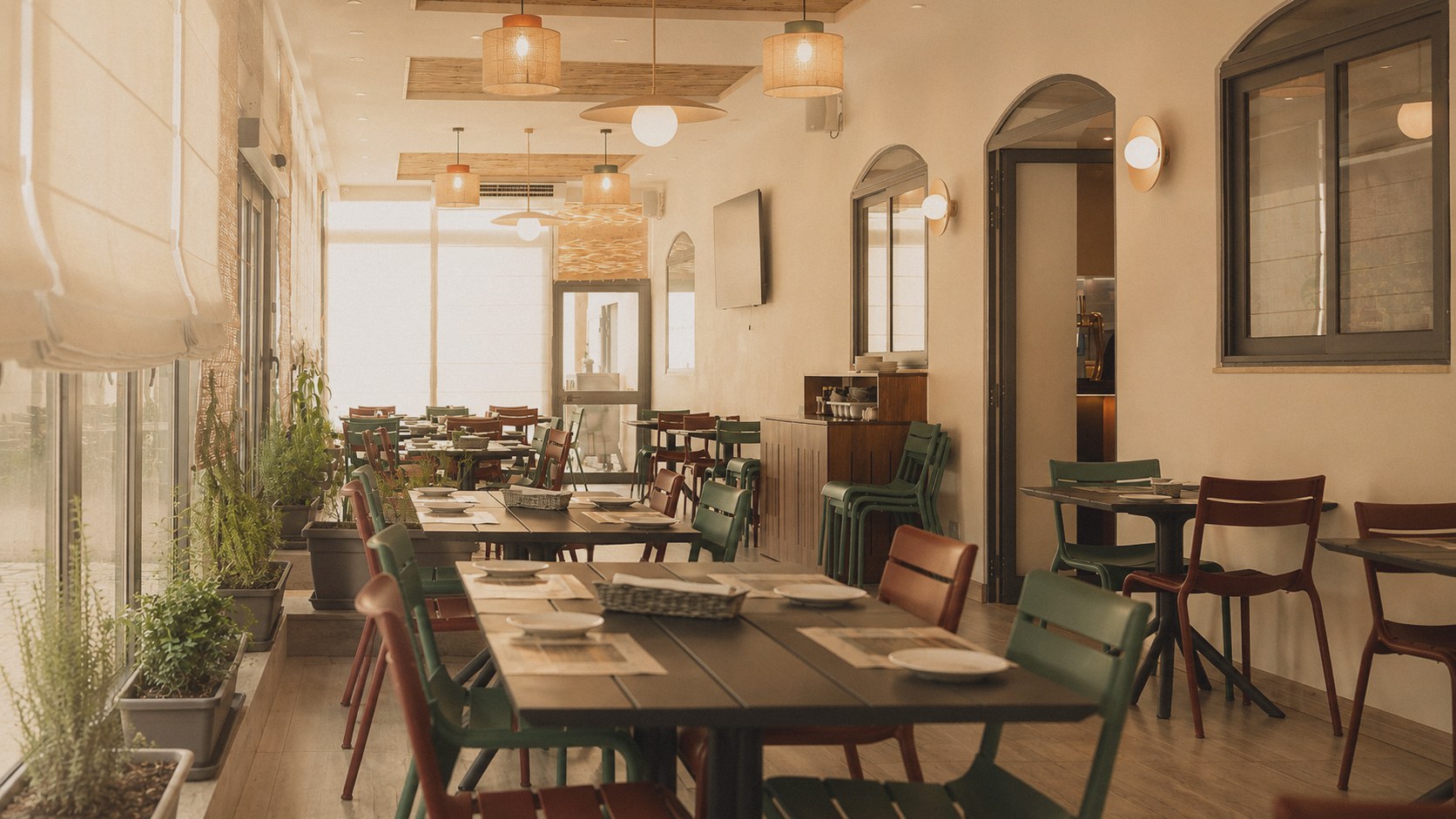 The warm, plant-filled dining room at Fumiglia in Qala, Gozo