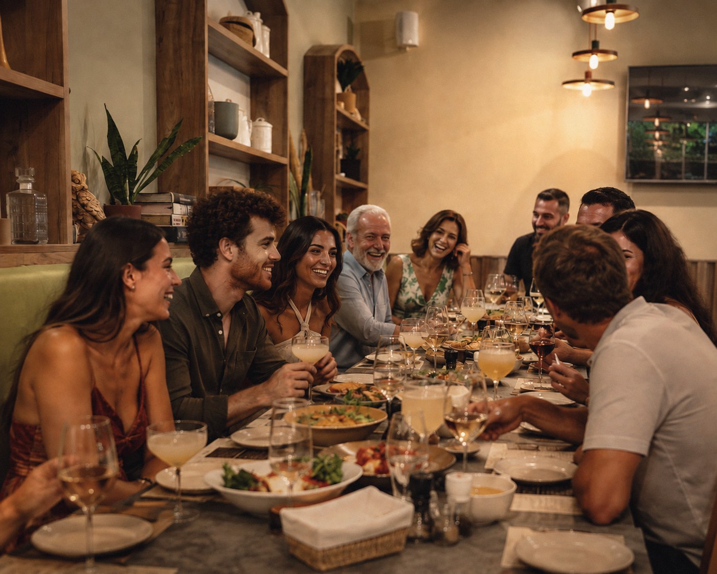 Friends and family laughing around a long table at Fumiglia